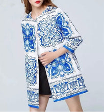 Retro Palace Blue and white porcelain Floral Print Wide waist Loose Medium long Trench Women's 3/4 sleeve Coat Outerwear Tops