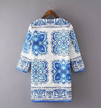 Retro Palace Blue and white porcelain Floral Print Wide waist Loose Medium long Trench Women's 3/4 sleeve Coat Outerwear Tops