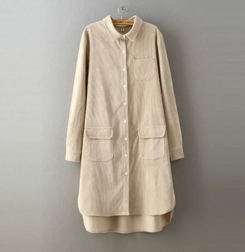 Retro Solid Color Long Corduroy Shirt Women Vintage Pockets on front Lapel Mid Long Shirt Blouse Tops