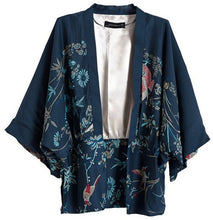 Retro Women Navy Floral Love Bird / Phoenix Print Crop Sleeve Chiffon Kimono Tee T-shirt Tops