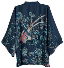 Retro Women Navy Floral Love Bird / Phoenix Print Crop Sleeve Chiffon Kimono Tee T-shirt Tops