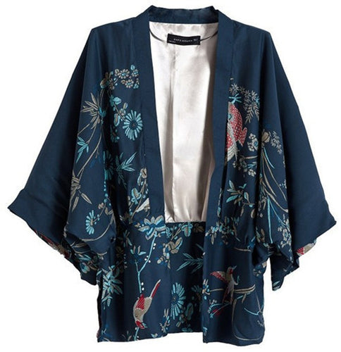 Retro Women Navy Floral Love Bird / Phoenix Print Crop Sleeve Chiffon Kimono Tee T-shirt Tops