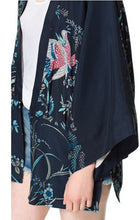 Retro Women Navy Floral Love Bird / Phoenix Print Crop Sleeve Chiffon Kimono Tee T-shirt Tops