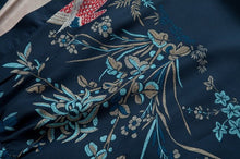 Retro Women Navy Floral Love Bird / Phoenix Print Crop Sleeve Chiffon Kimono Tee T-shirt Tops