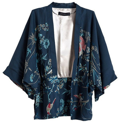 Retro Women Navy Floral Love Bird / Phoenix Print Crop Sleeve Chiffon Kimono Tee T-shirt Tops