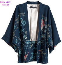 Retro Women Navy Floral Love Bird / Phoenix Print Crop Sleeve Chiffon Kimono Tee T-shirt Tops