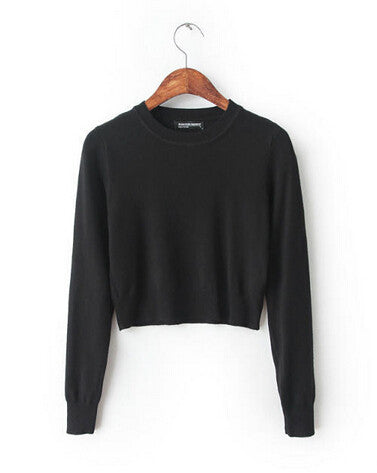 Retro Women's American Apparel Streetwear Blogger Short Sweater Crew neck Knitted Pullover Short Sweater Slim Knitwear Tops