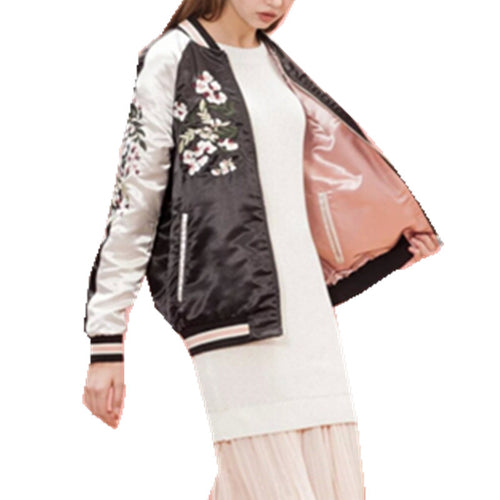Reversible Coat Embroidery Flower Phoenix Bird Short Jacket Women Contrast sleeve Bomber Jacket Coat Pilots Outerwear