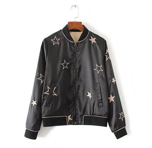Reversible Coat Star Embroidery Jacket Women Stand collar Black Beige color Bomber Jacket Coat Pilots Outerwear