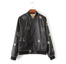Reversible Coat Star Embroidery Jacket Women Stand collar Black Beige color Bomber Jacket Coat Pilots Outerwear