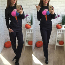 Russian Women Sweatshirt Hoodies Suits Puffer Ball Print Ice Cream Hair Plush Ball Casual Women Sweatshirt 2 Pieces Set GV400
