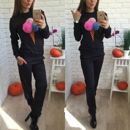 Russian Women Sweatshirt Hoodies Suits Puffer Ball Print Ice Cream Hair Plush Ball Casual Women Sweatshirt 2 Pieces Set GV400