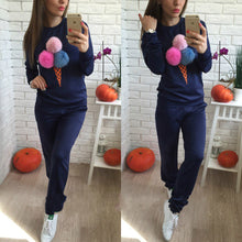 Russian Women Sweatshirt Hoodies Suits Puffer Ball Print Ice Cream Hair Plush Ball Casual Women Sweatshirt 2 Pieces Set GV400
