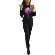 Russian Women Sweatshirt Hoodies Suits Puffer Ball Print Ice Cream Hair Plush Ball Casual Women Sweatshirt 2 Pieces Set GV400