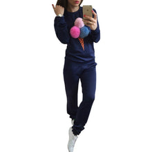 Russian Women Sweatshirt Hoodies Suits Puffer Ball Print Ice Cream Hair Plush Ball Casual Women Sweatshirt 2 Pieces Set GV400