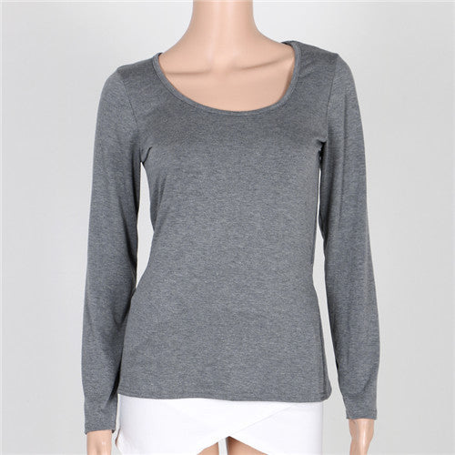 S-XXL Plus Size T Shirt For Women Long Sleeve Back Open Women's T Shirt Cotton Slim Casual Tops Tee Solid Shirts Women Clothing
