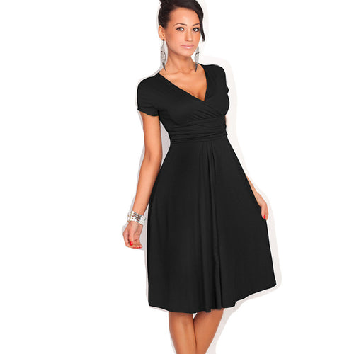 S-XXL Women Dress Short Sleeve Sexy Middle Long V-Neck Casual Dress Plus Size Lady Work Wear Pleated Dress
