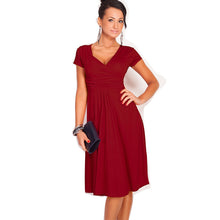 S-XXL Women Dress Short Sleeve Sexy Middle Long V-Neck Casual Dress Plus Size Lady Work Wear Pleated Dress