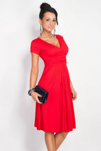S-XXL Women Dress Short Sleeve Sexy Middle Long V-Neck Casual Dress Plus Size Lady Work Wear Pleated Dress