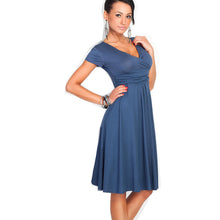 S-XXL Women Dress Short Sleeve Sexy Middle Long V-Neck Casual Dress Plus Size Lady Work Wear Pleated Dress