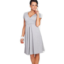S-XXL Women Dress Short Sleeve Sexy Middle Long V-Neck Casual Dress Plus Size Lady Work Wear Pleated Dress