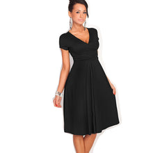 S-XXL Women Dress Short Sleeve Sexy Middle Long V-Neck Casual Dress Plus Size Lady Work Wear Pleated Dress
