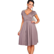 S-XXL Women Dress Short Sleeve Sexy Middle Long V-Neck Casual Dress Plus Size Lady Work Wear Pleated Dress