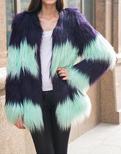 SUPER QUALITY Contrast Color Striped Hairy Shaggy Faux Sheep Goat Fur Women's O Neck Faux Fur Jackets Long Coat Outerwear