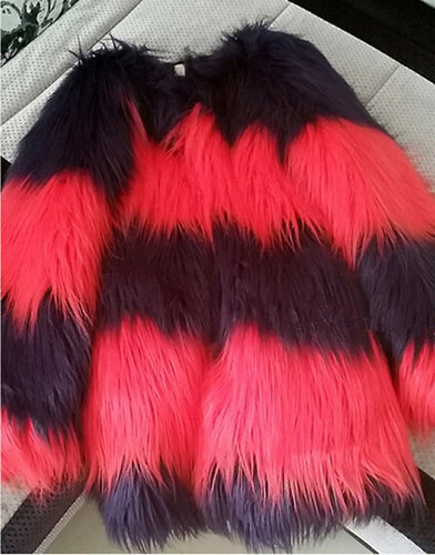 SUPER QUALITY Contrast Color Striped Hairy Shaggy Faux Sheep Goat Fur Women's O Neck Faux Fur Jackets Long Coat Outerwear