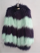 SUPER QUALITY Contrast Color Striped Hairy Shaggy Faux Sheep Goat Fur Women's O Neck Faux Fur Jackets Long Coat Outerwear