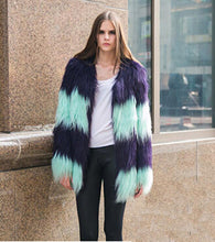 SUPER QUALITY Contrast Color Striped Hairy Shaggy Faux Sheep Goat Fur Women's O Neck Faux Fur Jackets Long Coat Outerwear