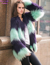 SUPER QUALITY Contrast Color Striped Hairy Shaggy Faux Sheep Goat Fur Women's O Neck Faux Fur Jackets Long Coat Outerwear