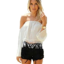 Sales Promotion European Sexy Off Shoulder Chiffon Shirts Women Crochet Tassel Crop Top White Chiffon Blusa Feminina