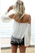 Sales Promotion European Sexy Off Shoulder Chiffon Shirts Women Crochet Tassel Crop Top White Chiffon Blusa Feminina
