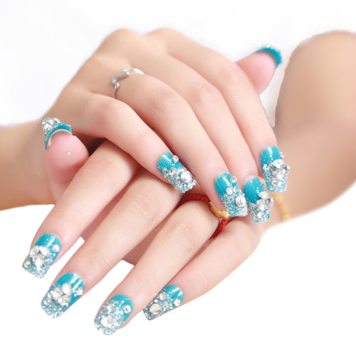 1 Box 24pc Women Artificial Crystal Diamond Nail Art Stickers Bride Manicure Set Series Nail Patch Blue s