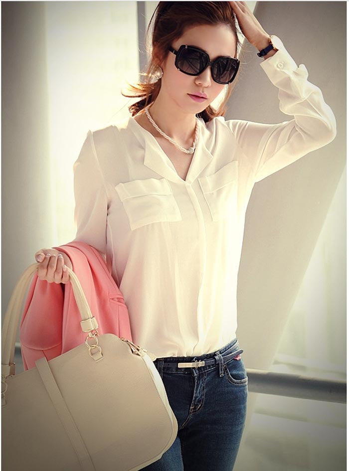 Womens Long Sleeve OL Career Chiffon Button Down Shirt Top office black and white Shirt
