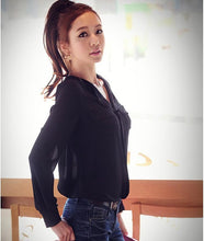Womens Long Sleeve OL Career Chiffon Button Down Shirt Top office black and white Shirt