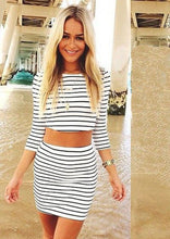 vestideo Women Striped Casual Two Pieces Three Quarter Sleeves Sheath Dress Black white
