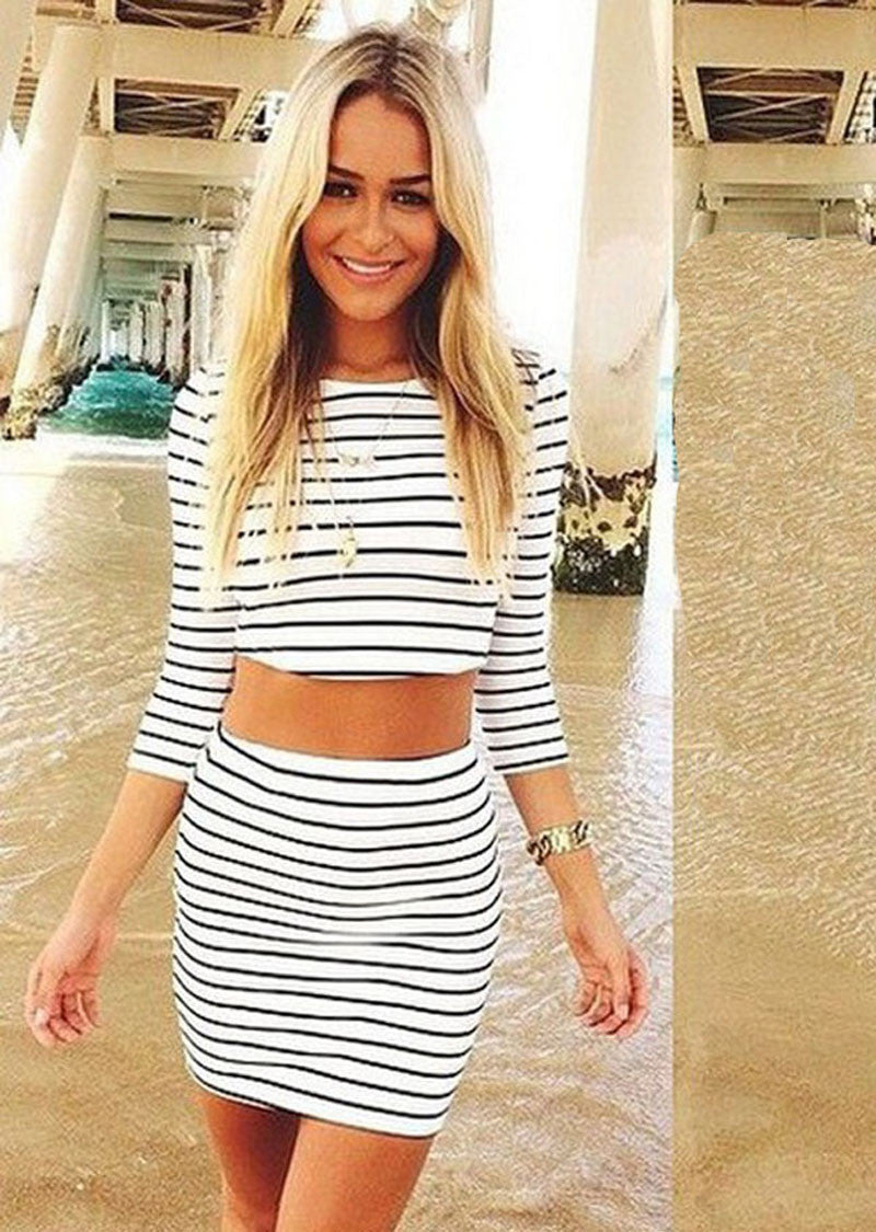 vestideo Women Striped Casual Two Pieces Three Quarter Sleeves Sheath Dress Black white