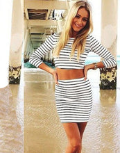 vestideo Women Striped Casual Two Pieces Three Quarter Sleeves Sheath Dress Black white