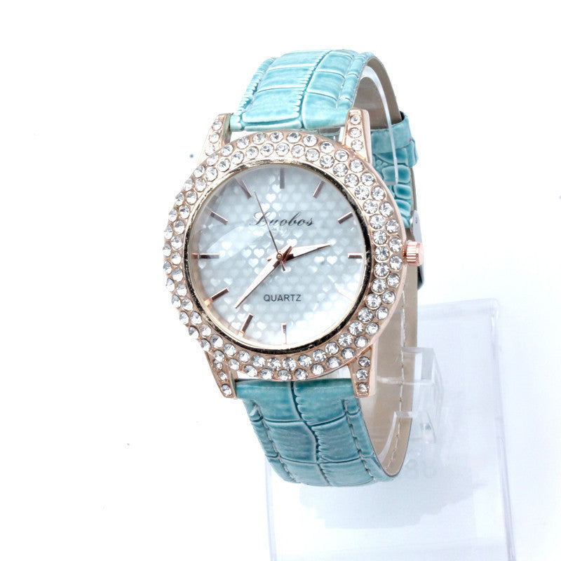 Women's Golden Bling Crystal Faux Leather Strap Analog Quartz Wrist Watch