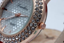 Women's Golden Bling Crystal Faux Leather Strap Analog Quartz Wrist Watch