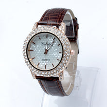 Women's Golden Bling Crystal Faux Leather Strap Analog Quartz Wrist Watch