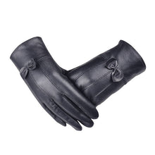 Women Girl Luxurious PU Leather Super Warm Gloves Cashmere Bow