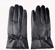 Women Girl Luxurious PU Leather Super Warm Gloves Cashmere Bow