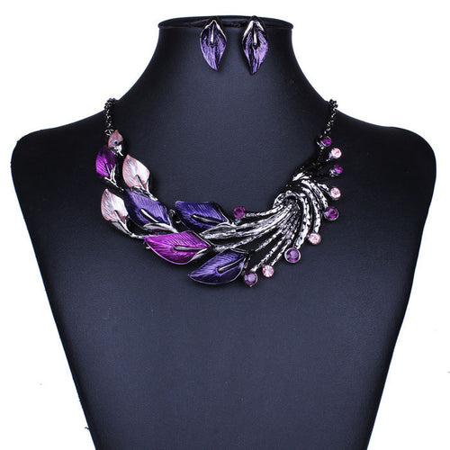 Elegant Women Lady Purple Peacock Enamel Bib Necklace Stud Earrings Set ping
