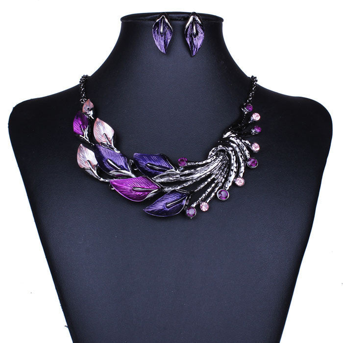 Elegant Women Lady Purple Peacock Enamel Bib Necklace Stud Earrings Set ping