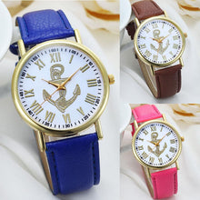 Fashion Womens Dress WatchRoman Numerals Boat Anchor Faux Leather Analog Quartz Wristwatch BluePink Freeship