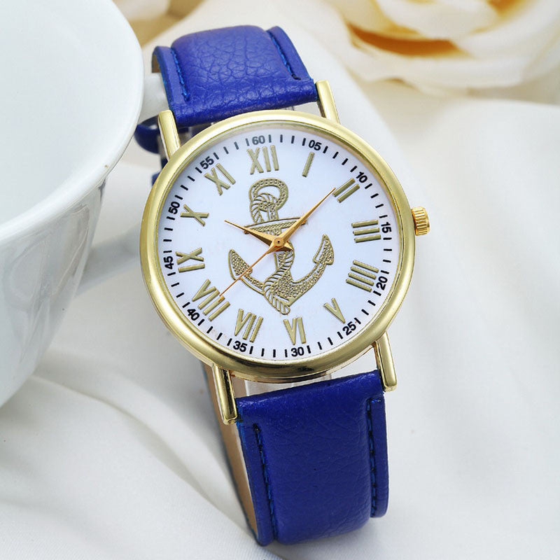 Fashion Womens Dress WatchRoman Numerals Boat Anchor Faux Leather Analog Quartz Wristwatch BluePink Freeship