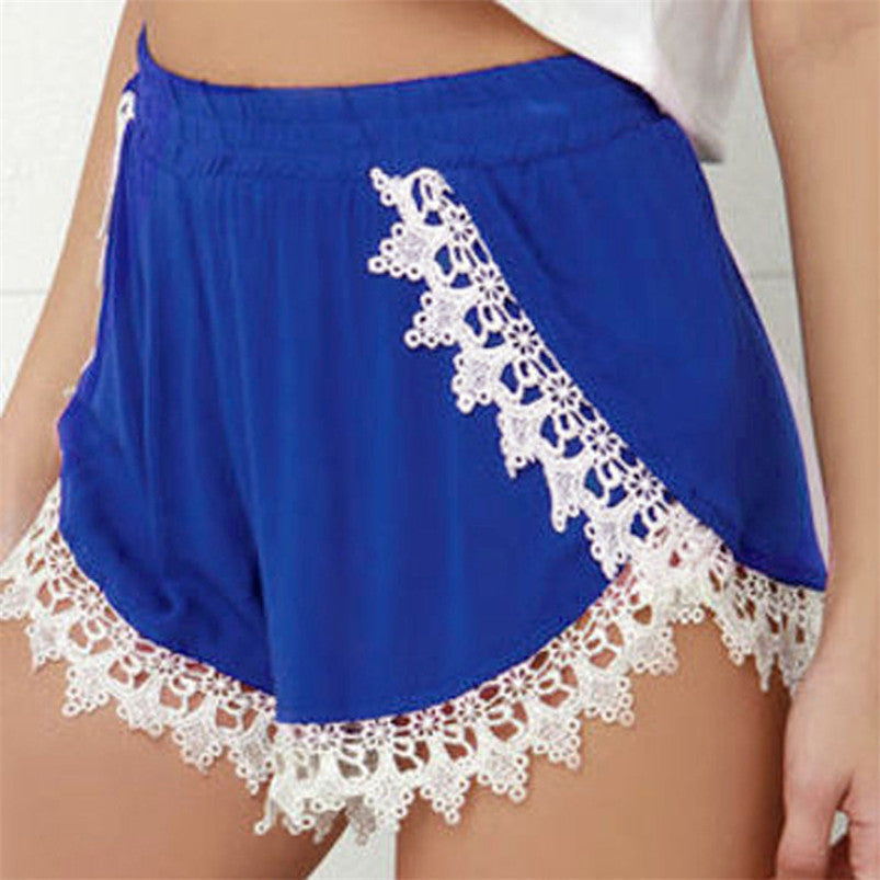 Women Casual High Waist Lace Short Pants Blue Plus Size